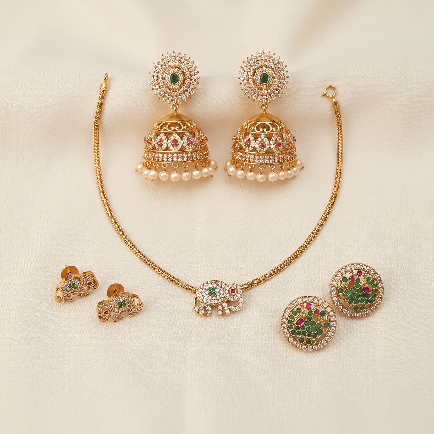 Golden Glow – Short Necklace, Studs & Bold Jhumkas