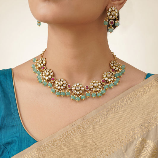 Aqua Floral Bead Necklace