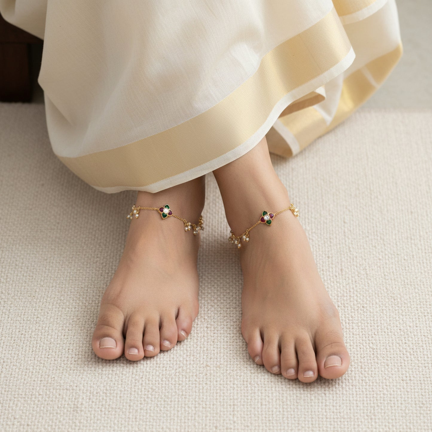 Floral Jadau Pearl Anklets