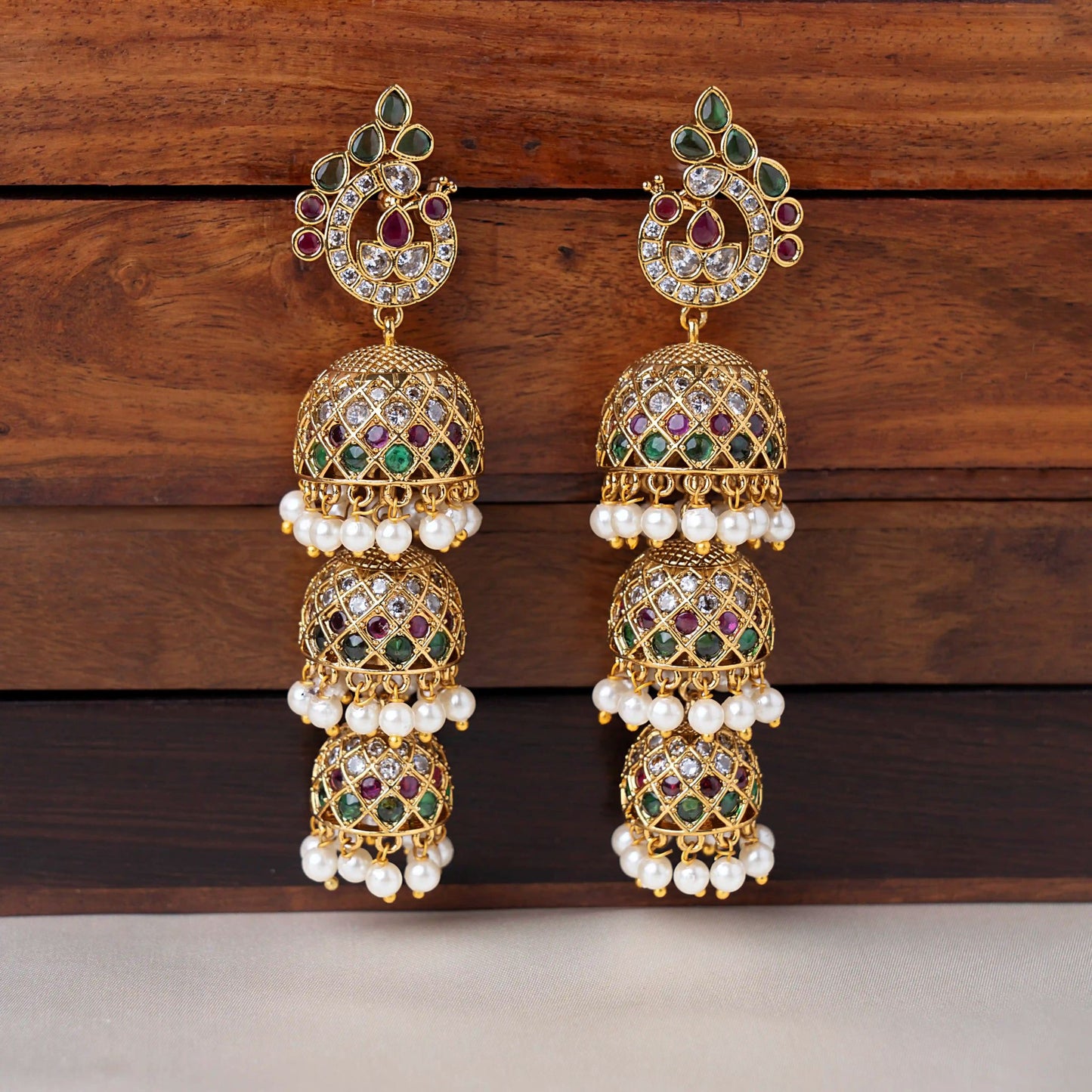 Peacock Multi Stone Layered Jhumka