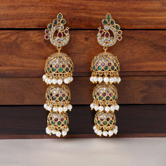 Peacock Multi Stone Layered Jhumka