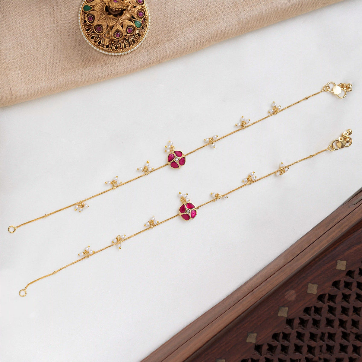Ruby Leaf Jadau Anklets
