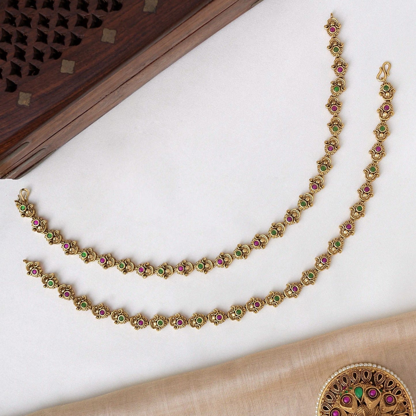 Pink & Green Stone Classic Anklets