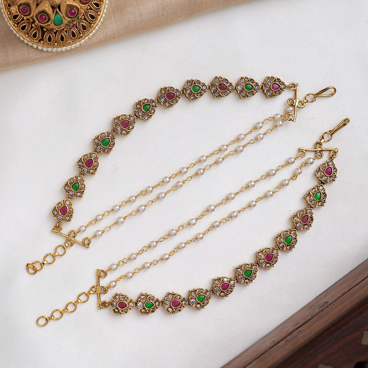Dual Pearl Leaf Ear Chains