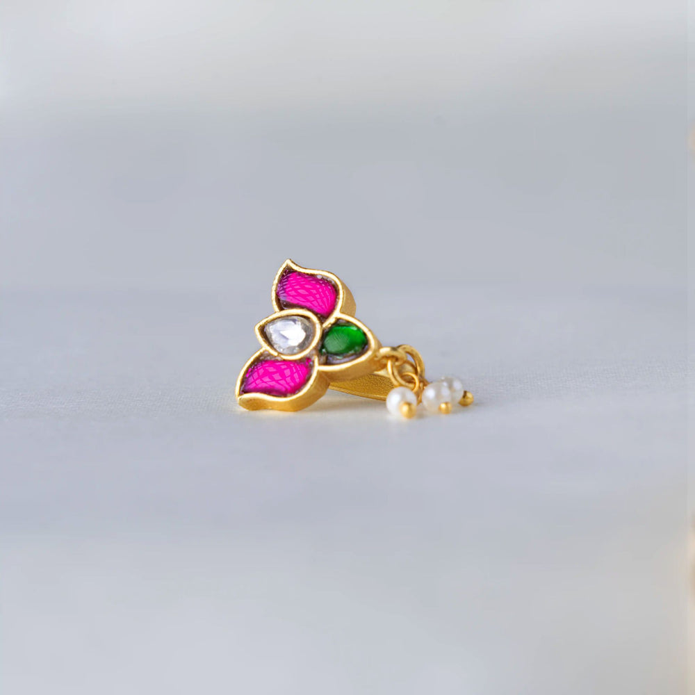 Lotus Jadau Pearl Drop Nose pin