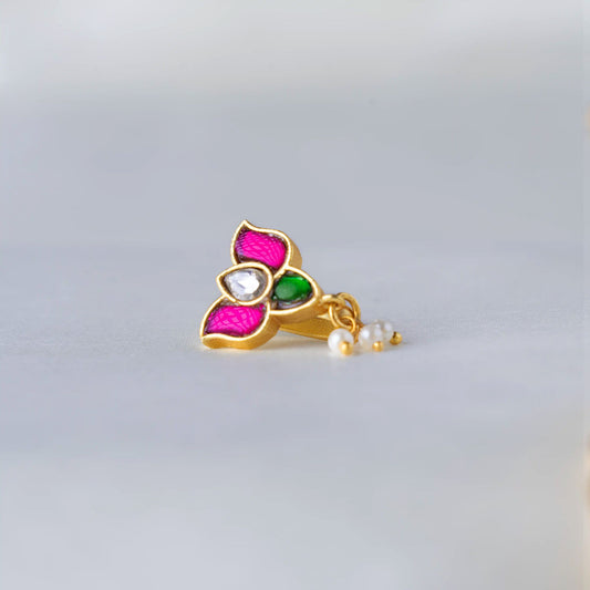 Lotus Jadau Pearl Drop Nose pin