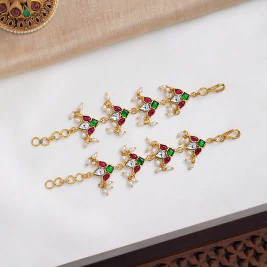 Jadau Festive Red & Green Pearl Earchain