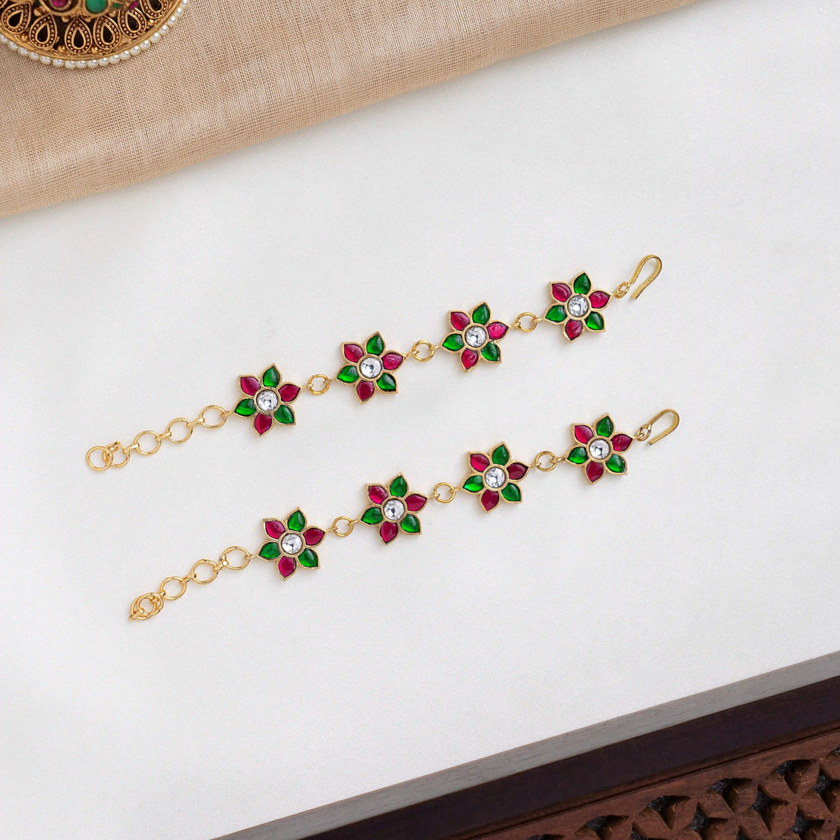 Jadau Ruby Emerald Flower Ear Chains