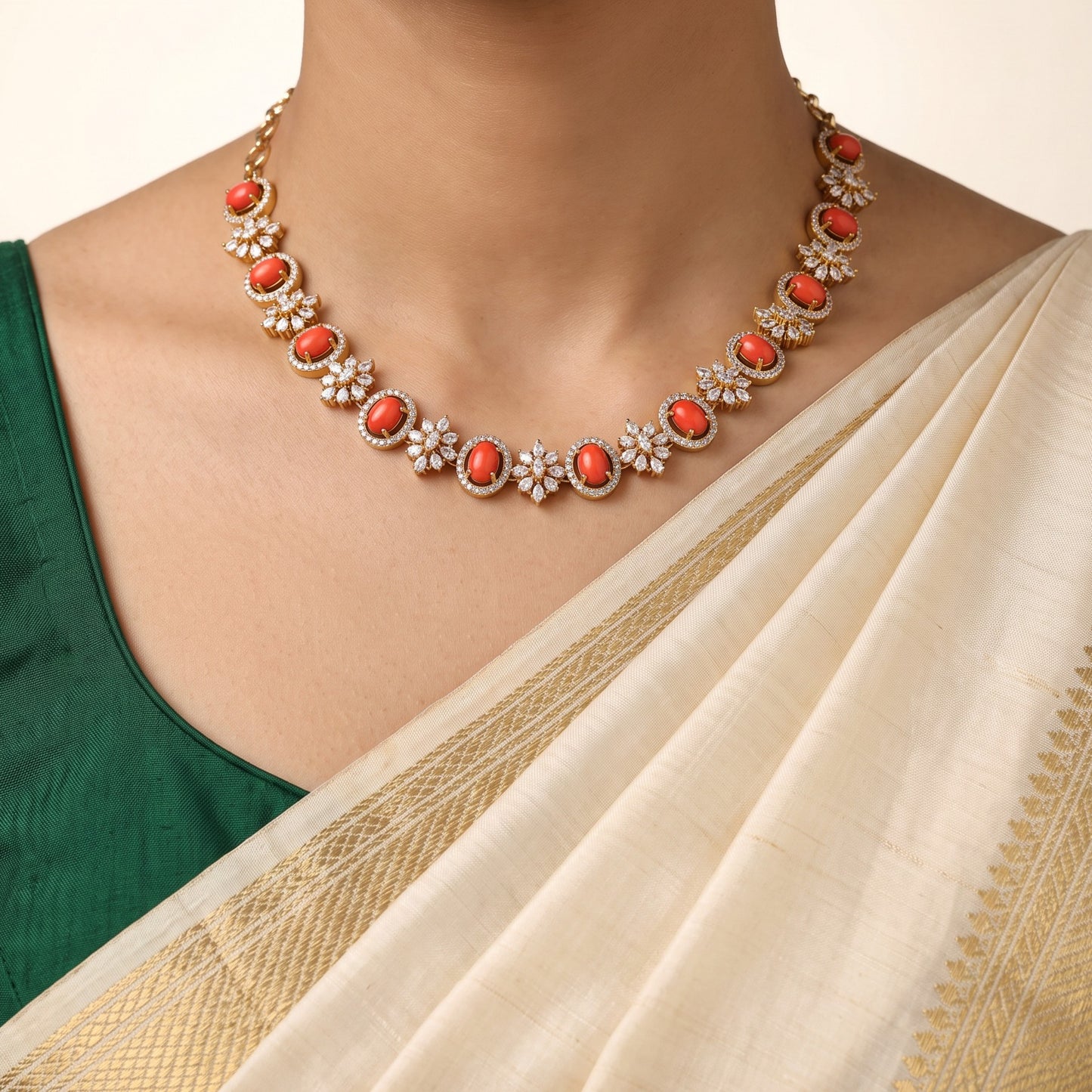 Coral Flower Zircon Necklace