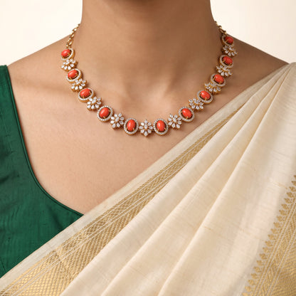 Coral Flower Zircon Necklace