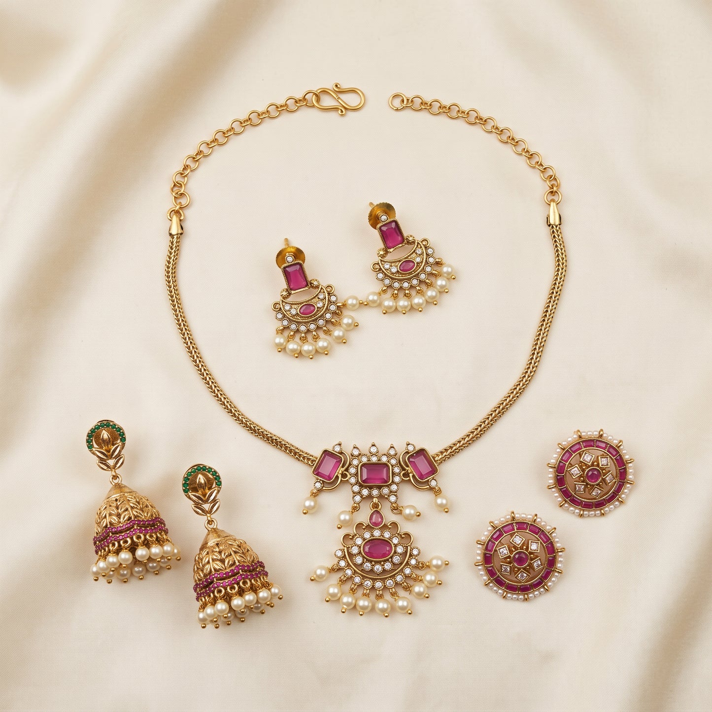 Festive Grace – Short Necklace, Studs & Mini Jhumkas