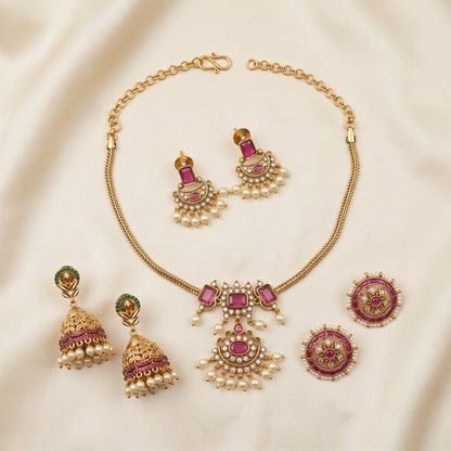 Festive Grace – Short Necklace, Studs & Mini Jhumkas