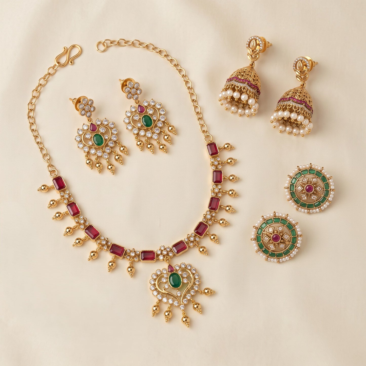 Festive Grace – Short Necklace, Studs & Mini Jhumkas