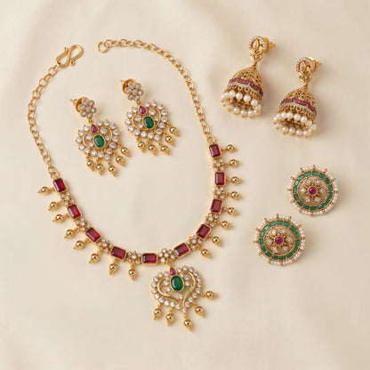 Festive Grace – Short Necklace, Studs & Mini Jhumkas