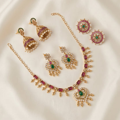 Festive Grace – Short Necklace, Studs & Mini Jhumkas