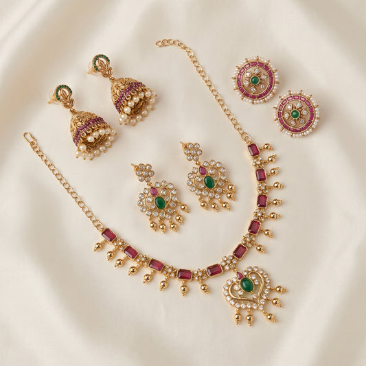 Festive Grace – Short Necklace, Studs & Mini Jhumkas