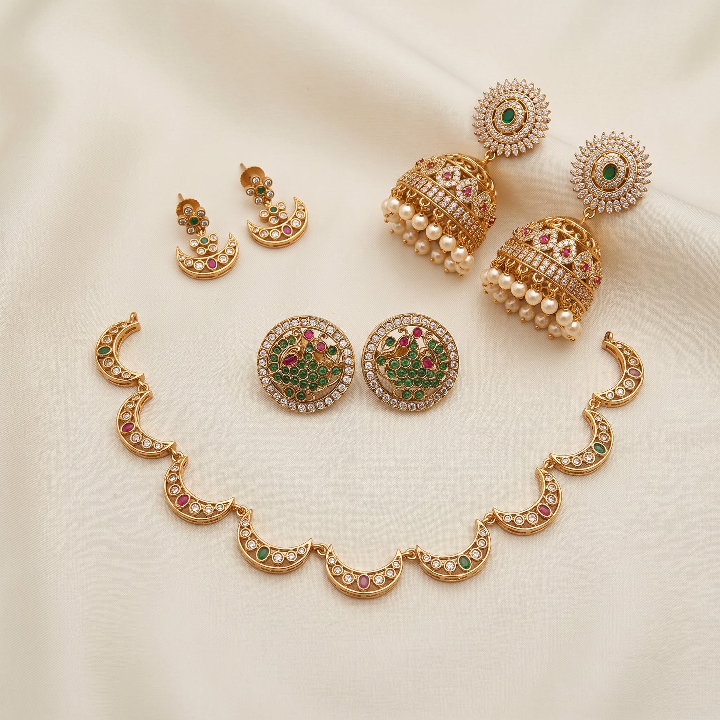Golden Glow – Short Necklace, Studs & Bold Jhumkas