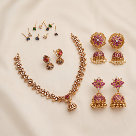 Grand Radiance – Short Necklace & Two Pairs of Bold Jhumkas