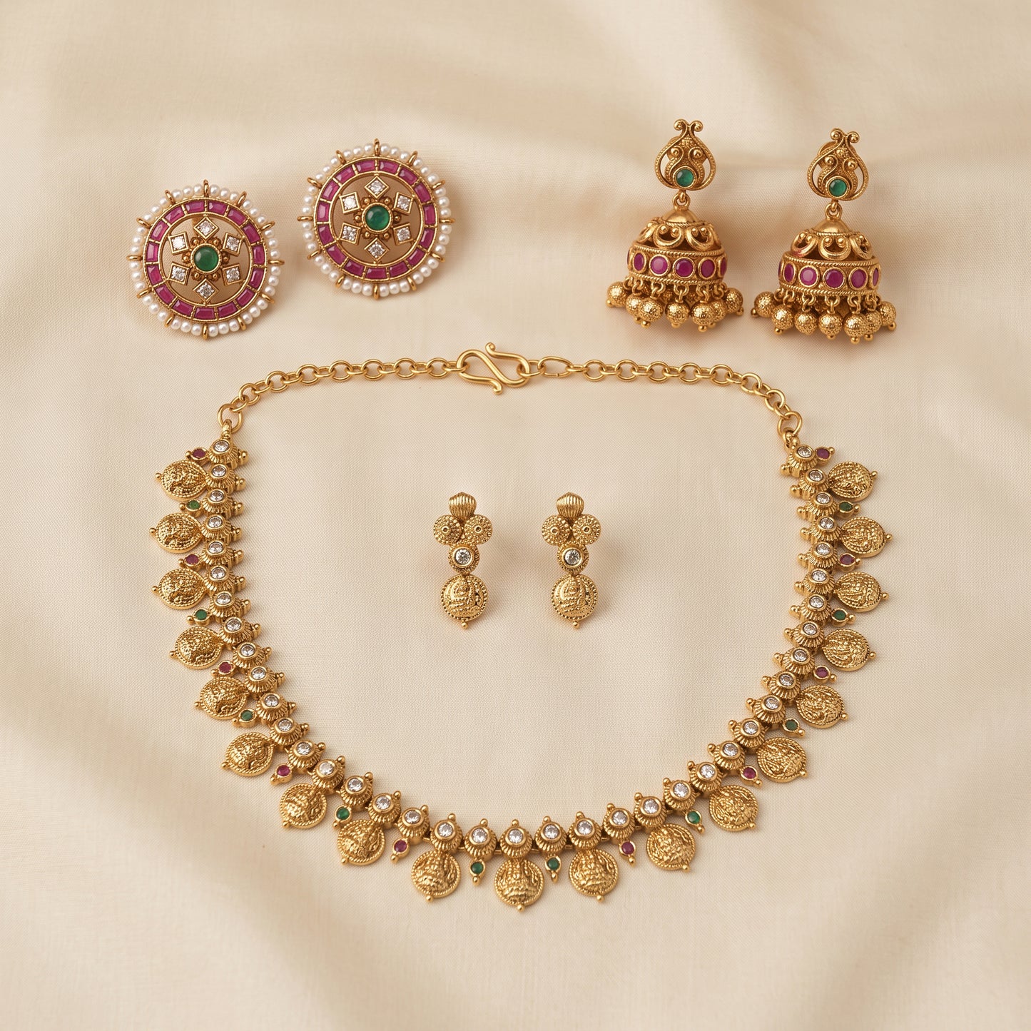 Festive Grace – Short Necklace, Studs & Mini Jhumkas