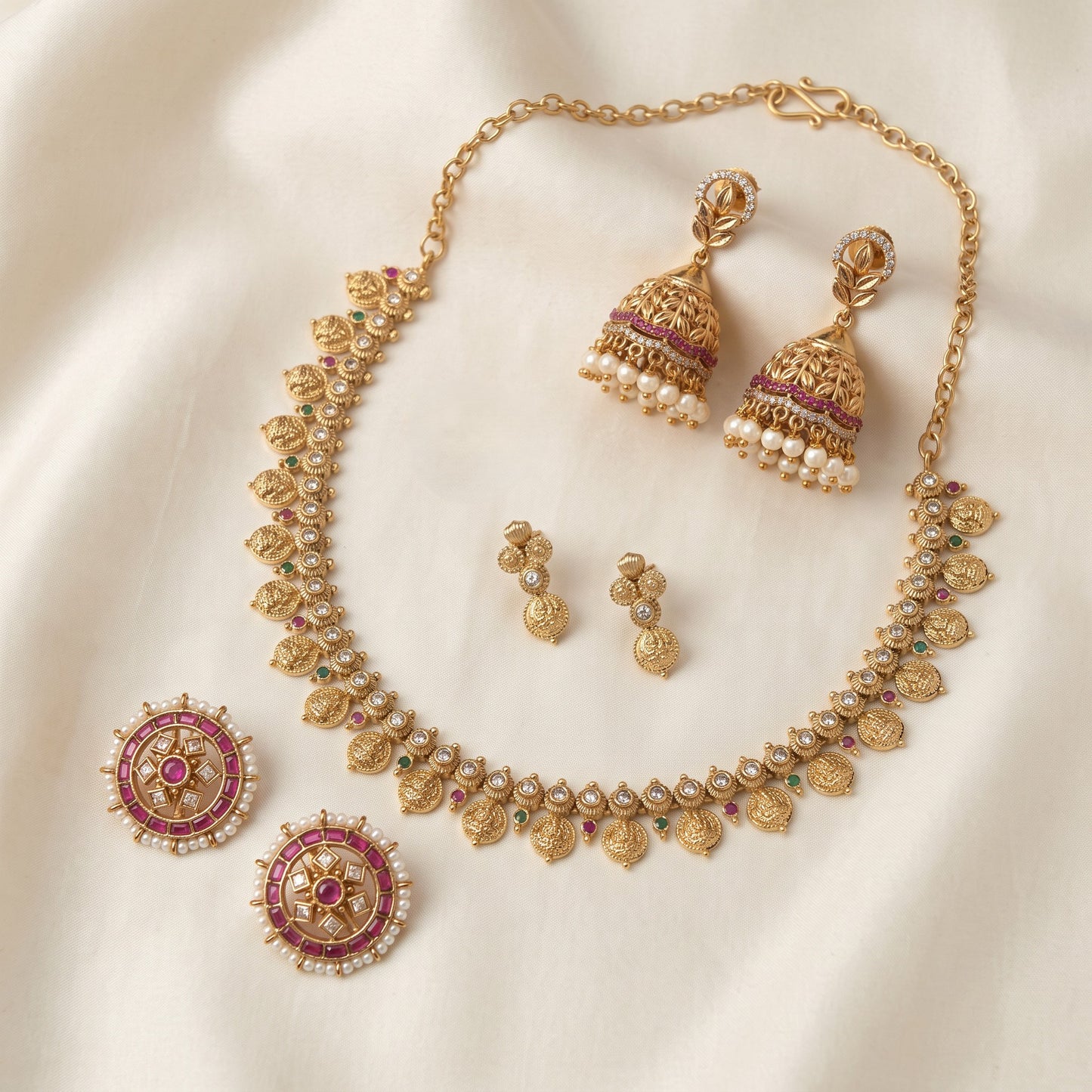 Festive Grace – Short Necklace, Studs & Mini Jhumkas