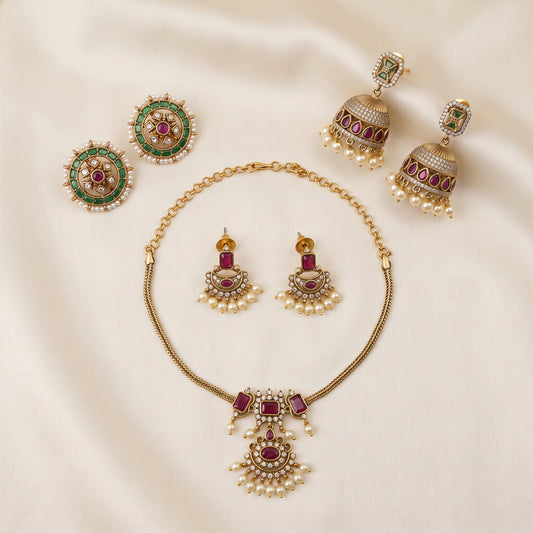 Festive Grace – Short Necklace, Studs & Mini Jhumkas