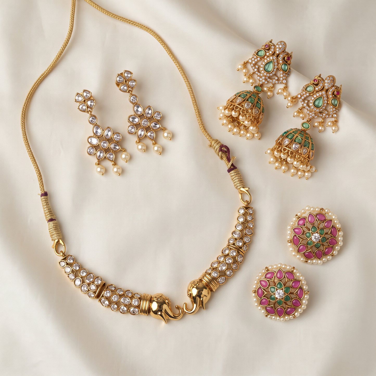 Golden Glow – Short Necklace, Studs & Bold Jhumkas