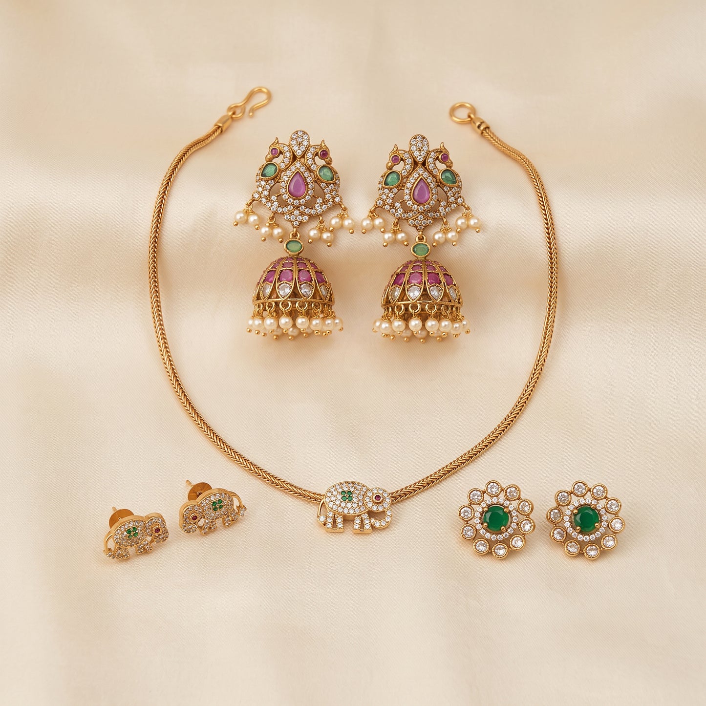Golden Glow – Short Necklace, Studs & Bold Jhumkas